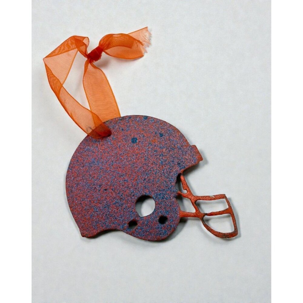 Football Helmet Christmas Ornament Blue Orange Denver Broncos Metal Shimmer